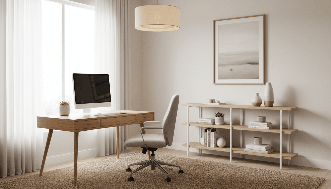Bright, organized home office with clean shelving, neutral decor, and natural light streaming in