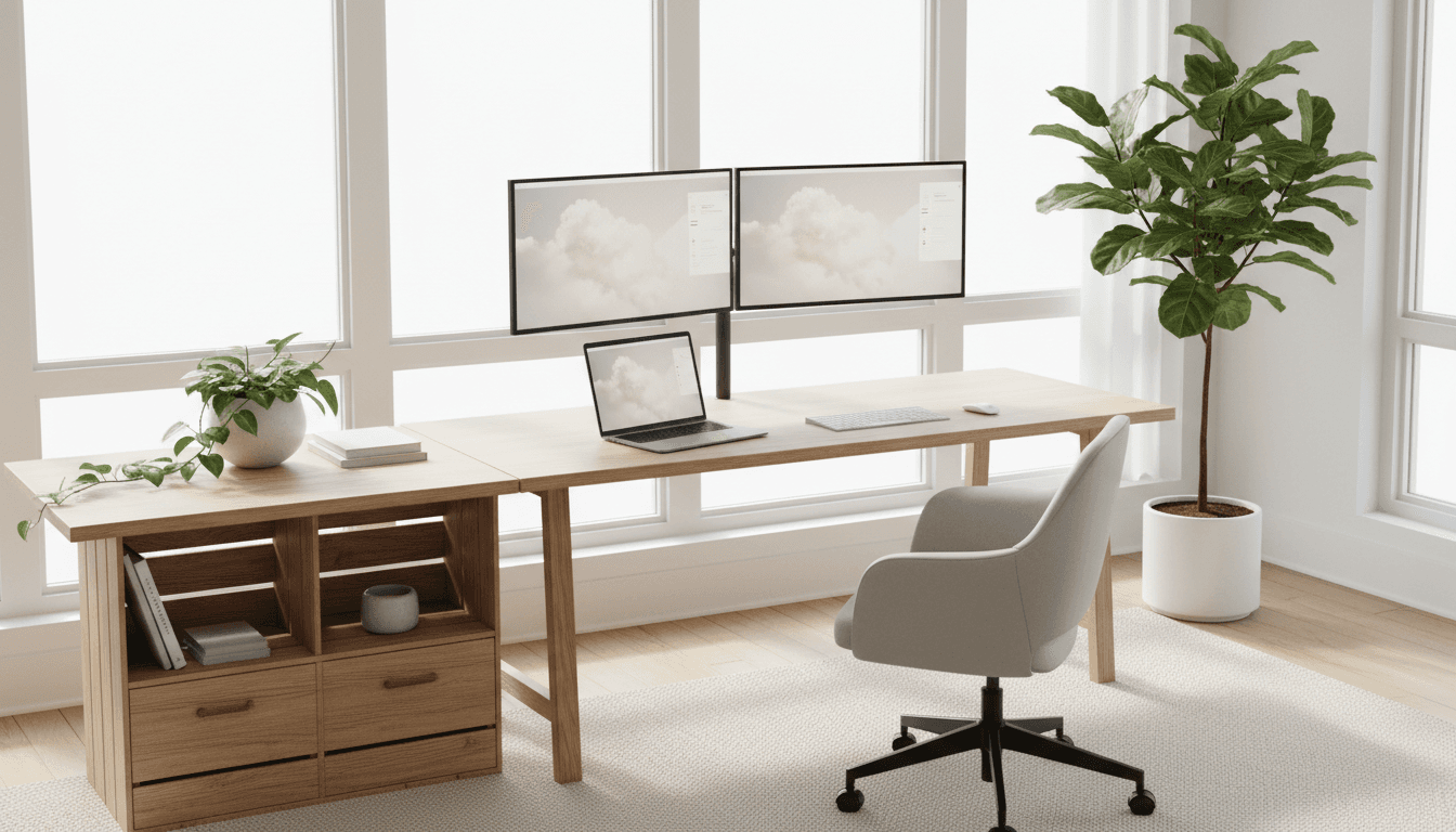 Bright, organized home office with clear desk and natural lighting